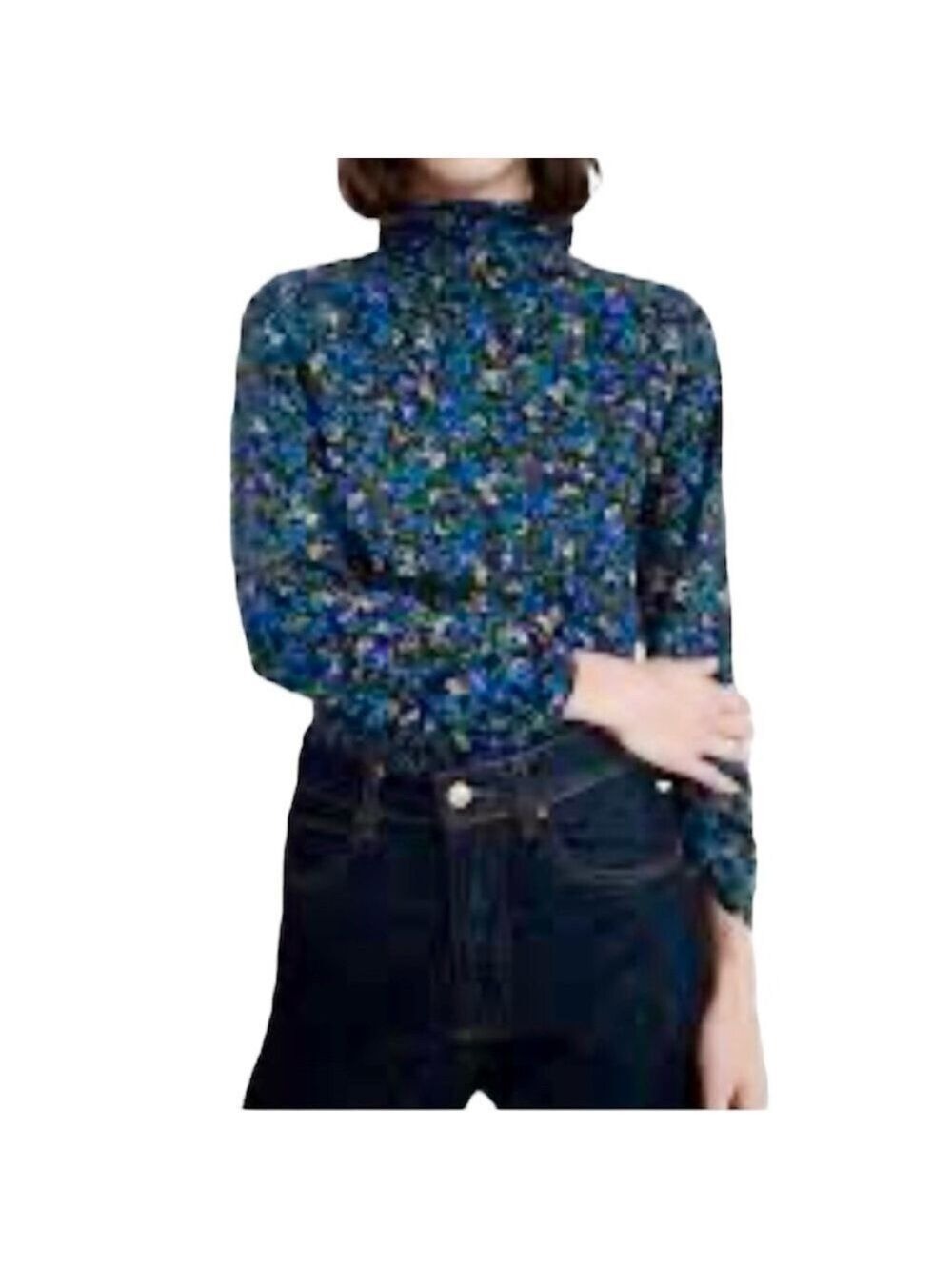 Zara black blue cropped Floral High-Neck Long sleeve Top M